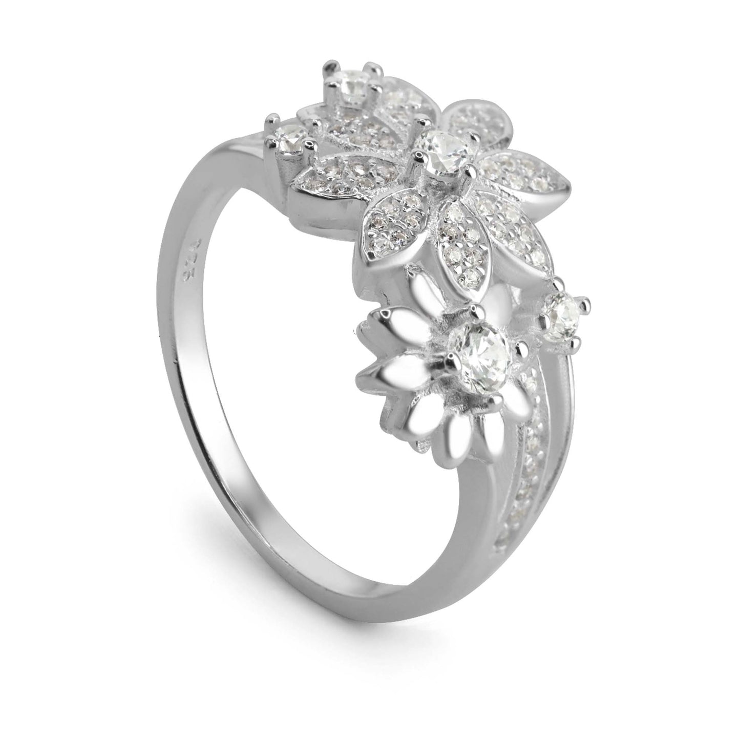 Anillo de Plata 925 Diseño Flores y Pétalos con Circones
