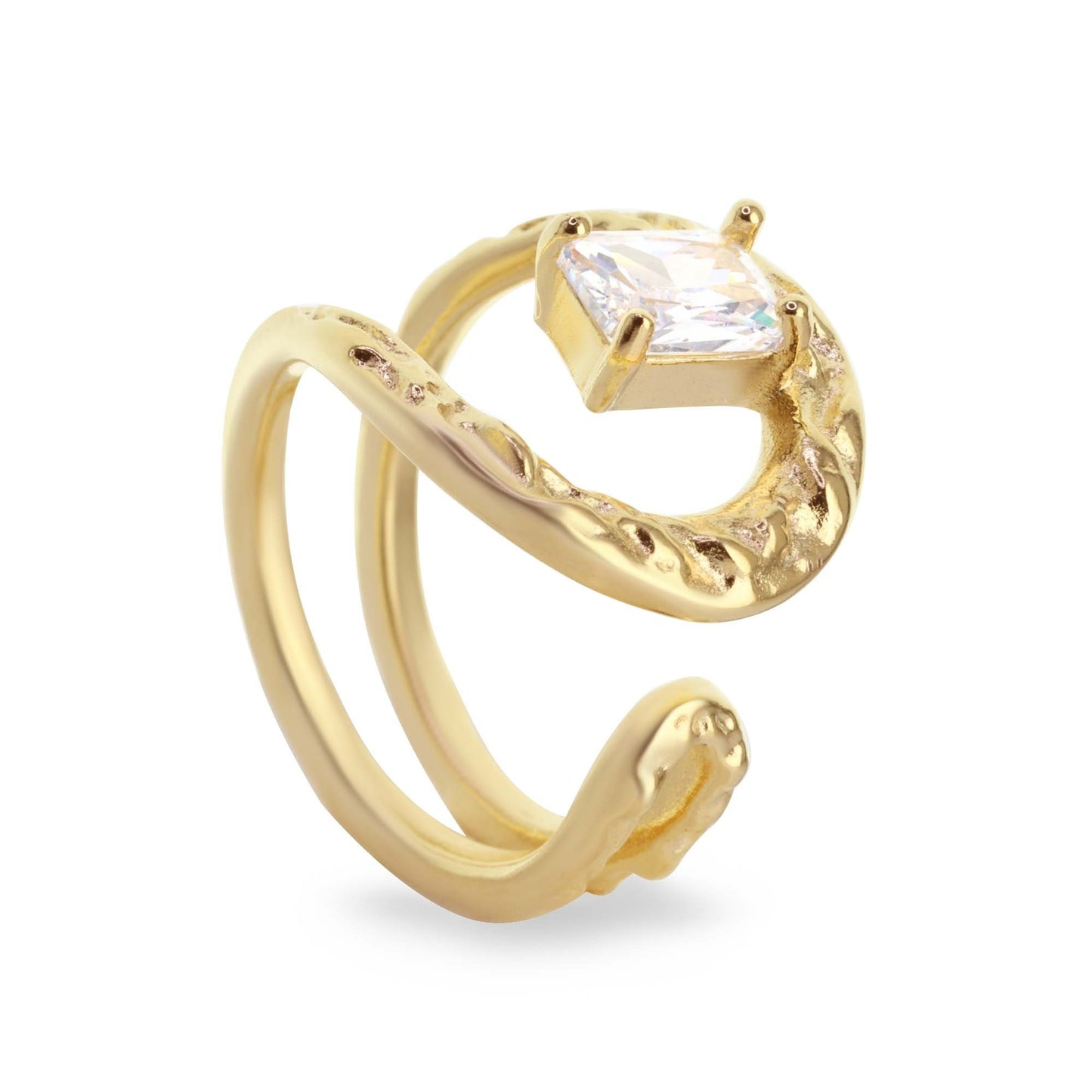 Anillo Enchapado en Oro Diseño Abierto con Circón Rectangular y Relieves