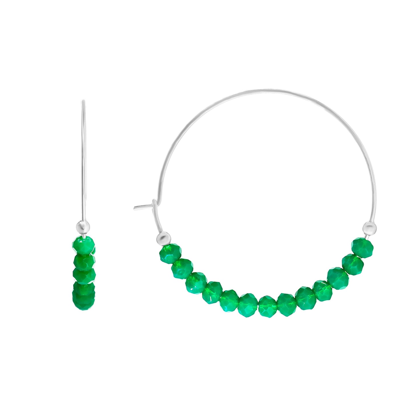Aros de Plata 925 Argollas Lisas con Cristales Verdes