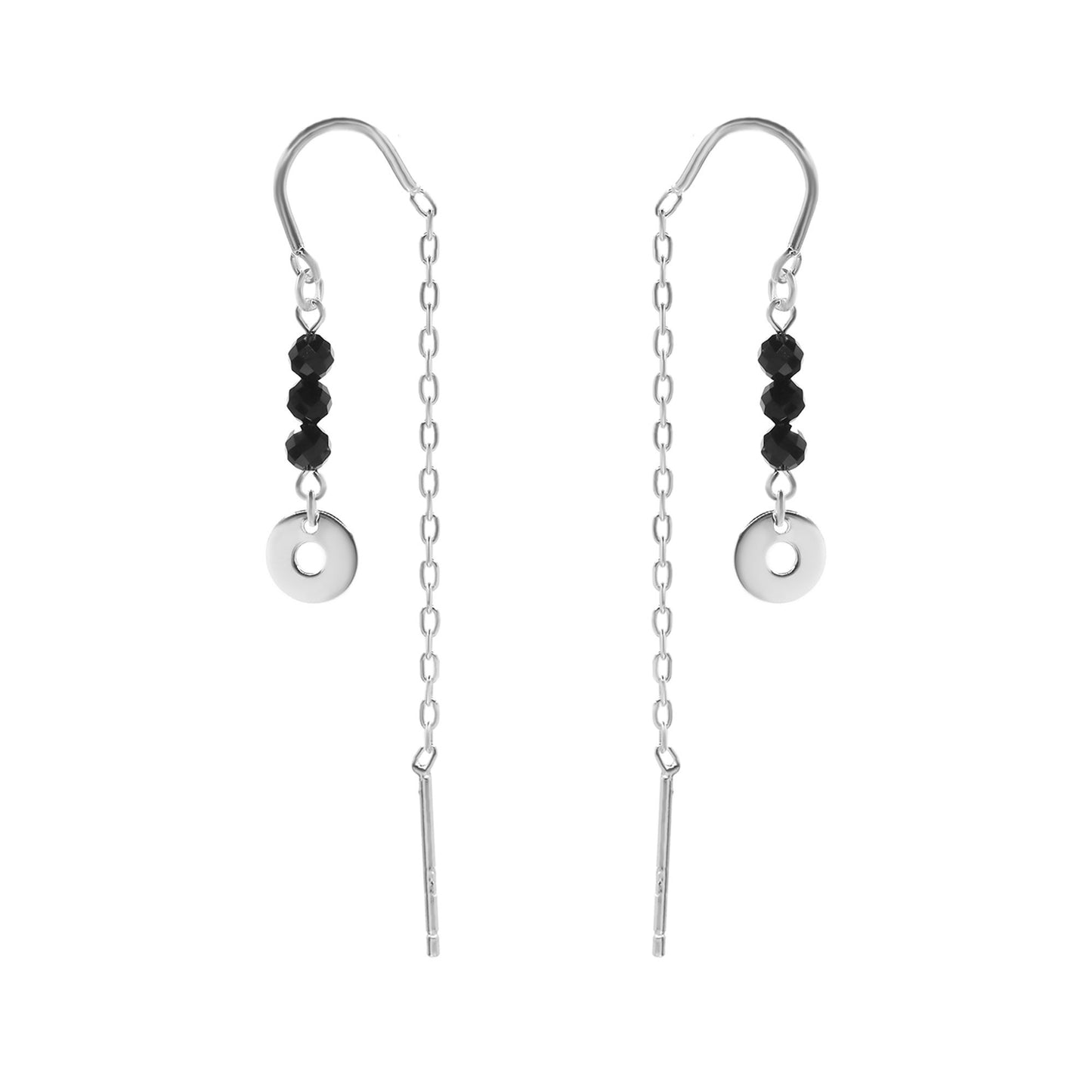 Aros de Plata 925 Diseño Cadena con Cristales Negros y Placa Circular