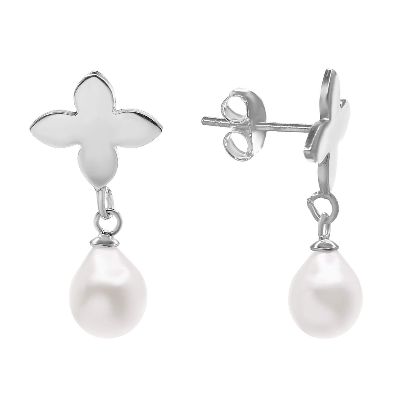 Aros de Plata 925 Diseño Flor Lisa con Perla Imitación Colgante