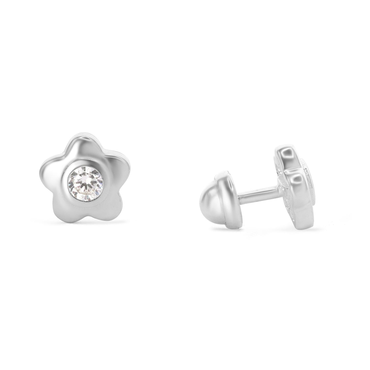 Aros de Plata 925 Para Bebé de Tope Diseño Flor con Circón
