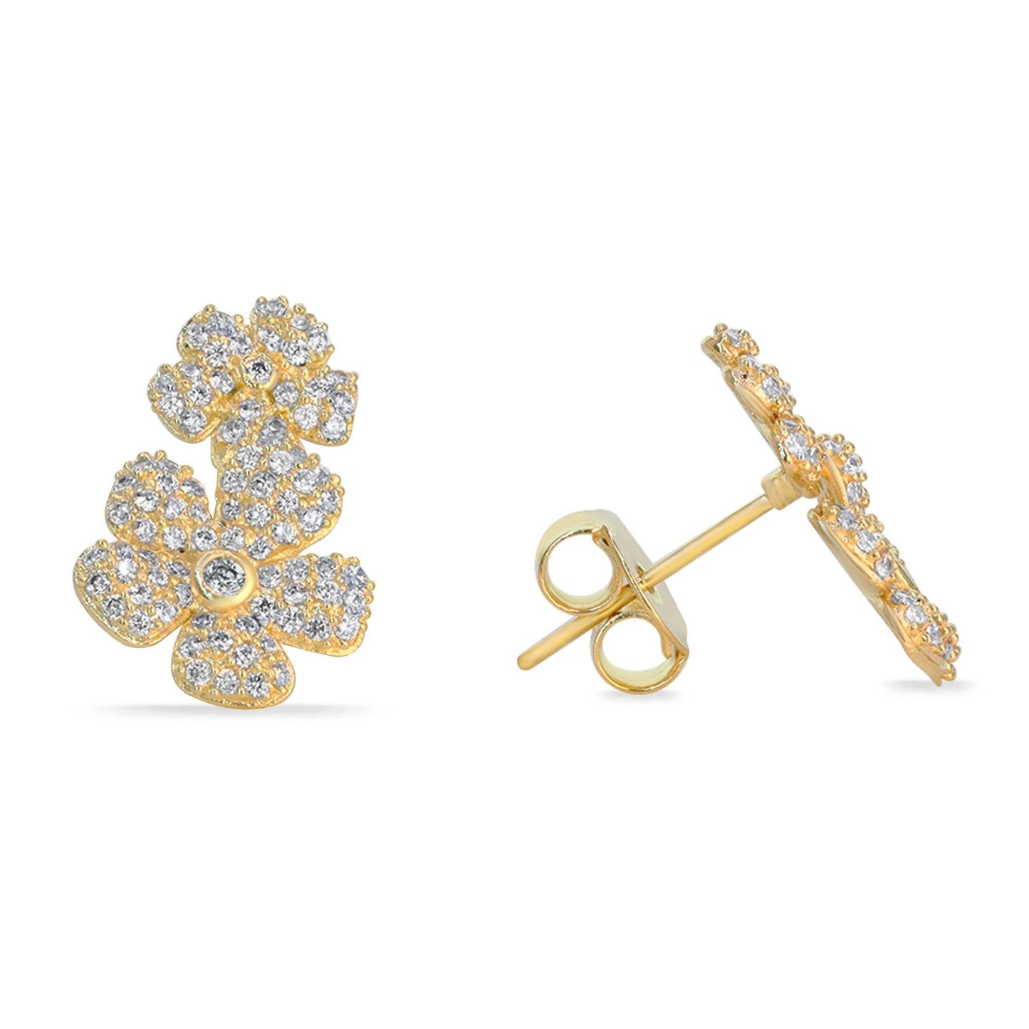 Aros Enchapado en Oro Diseño Doble de Flor con Circones