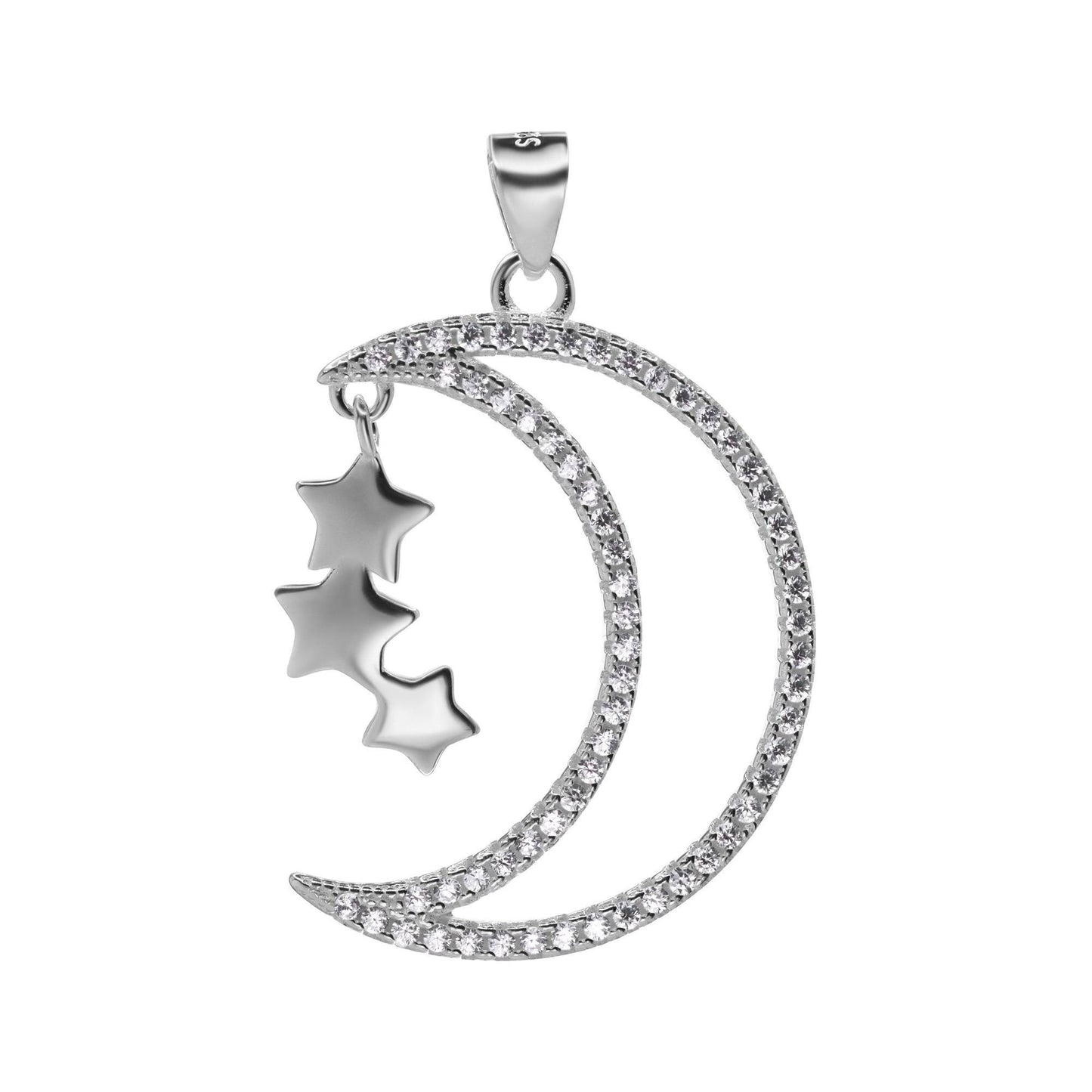 Colgante de Plata 925 Diseño Luna Calada de Circones con Trío de Estrellas Colgantes