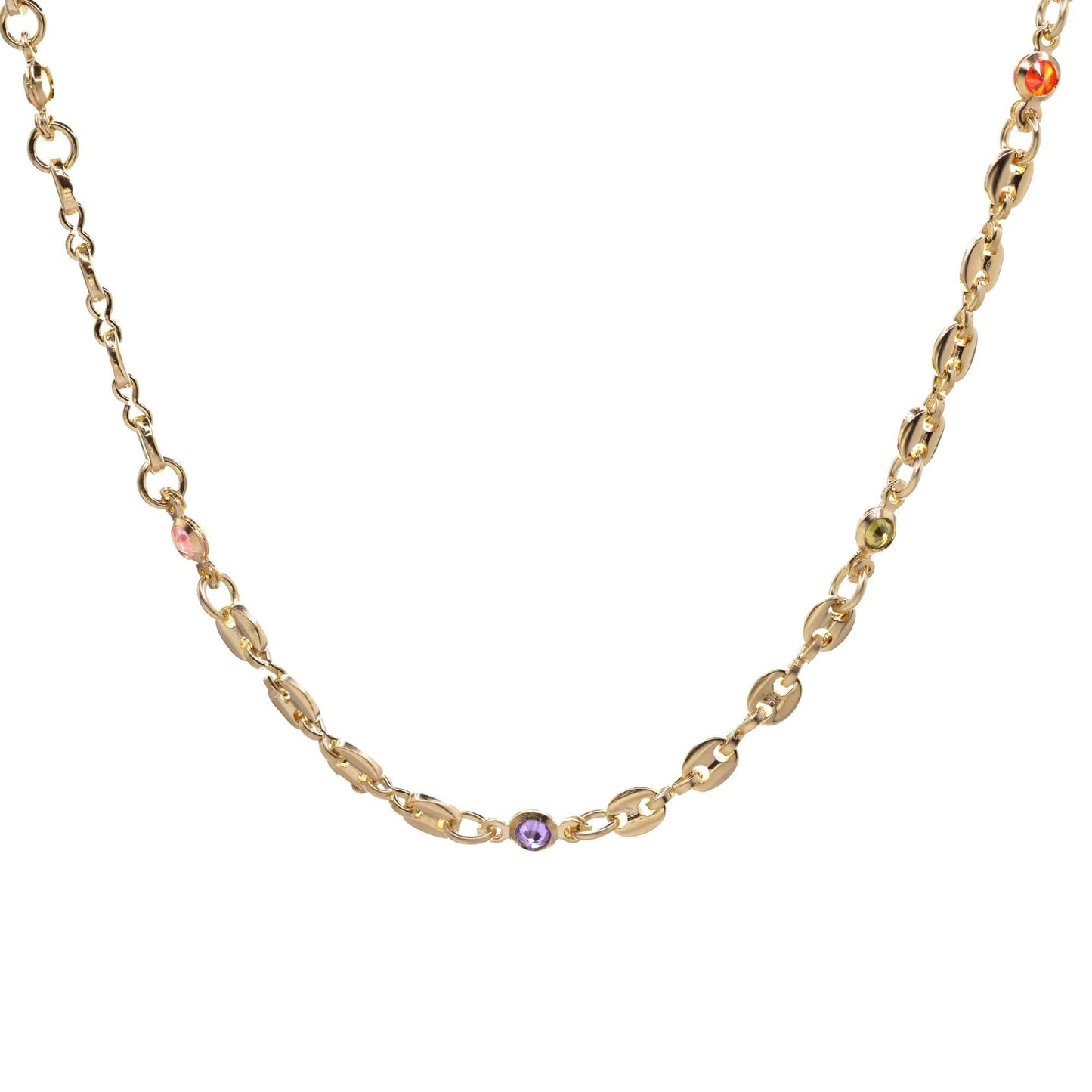 Collar Enchapado en Oro Diseño Cadena Ancla con Circones de Colores