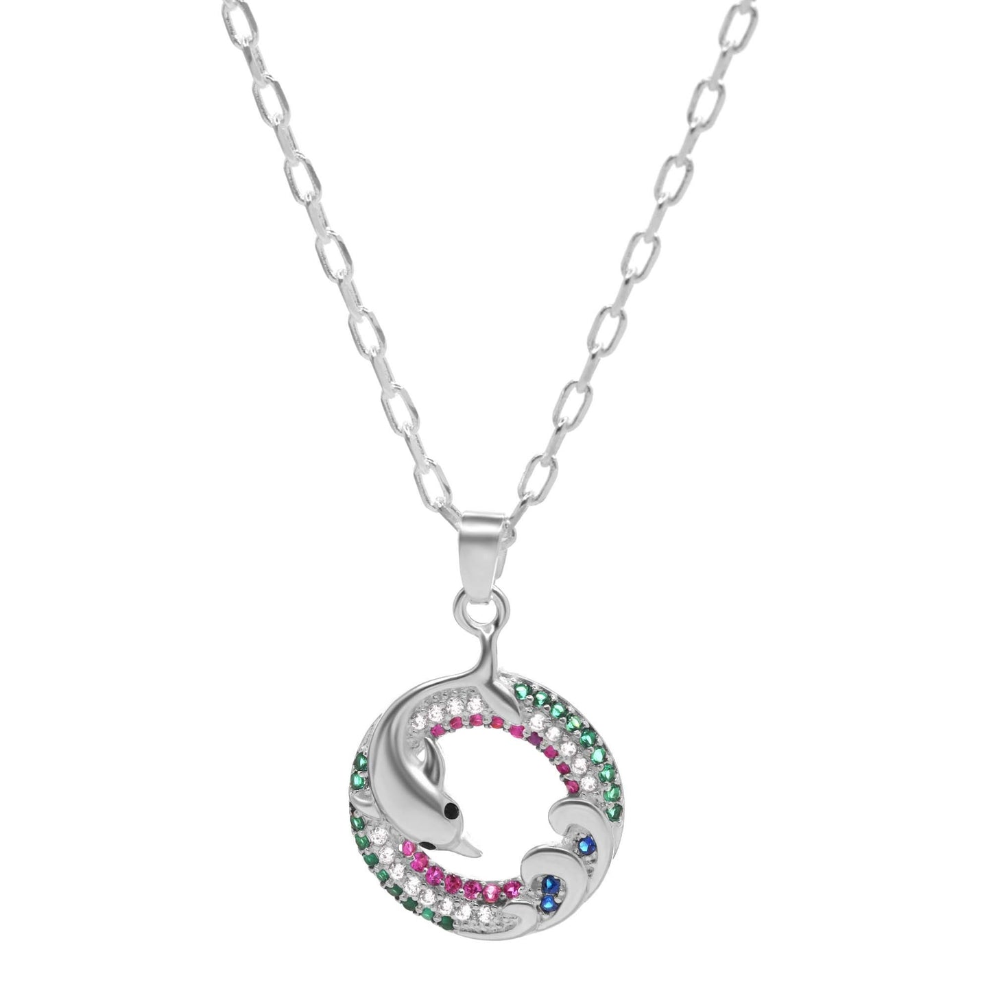 Collar Enchapado en Plata Diseño Placa Circular Calada con Delfín y Circones de Colores