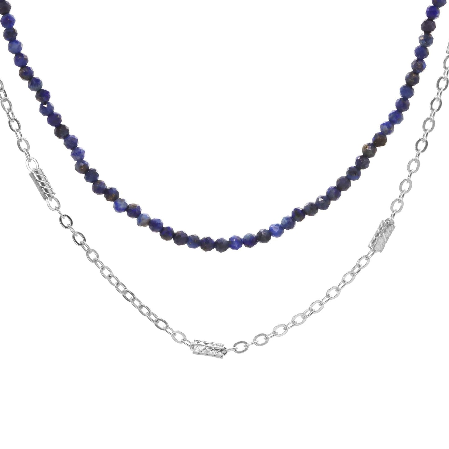 Collar Enchapado en Plata Doble Diseño , Cadena con Serie de Cilindros Biselados y Diseño Lapilázuli en Esferas