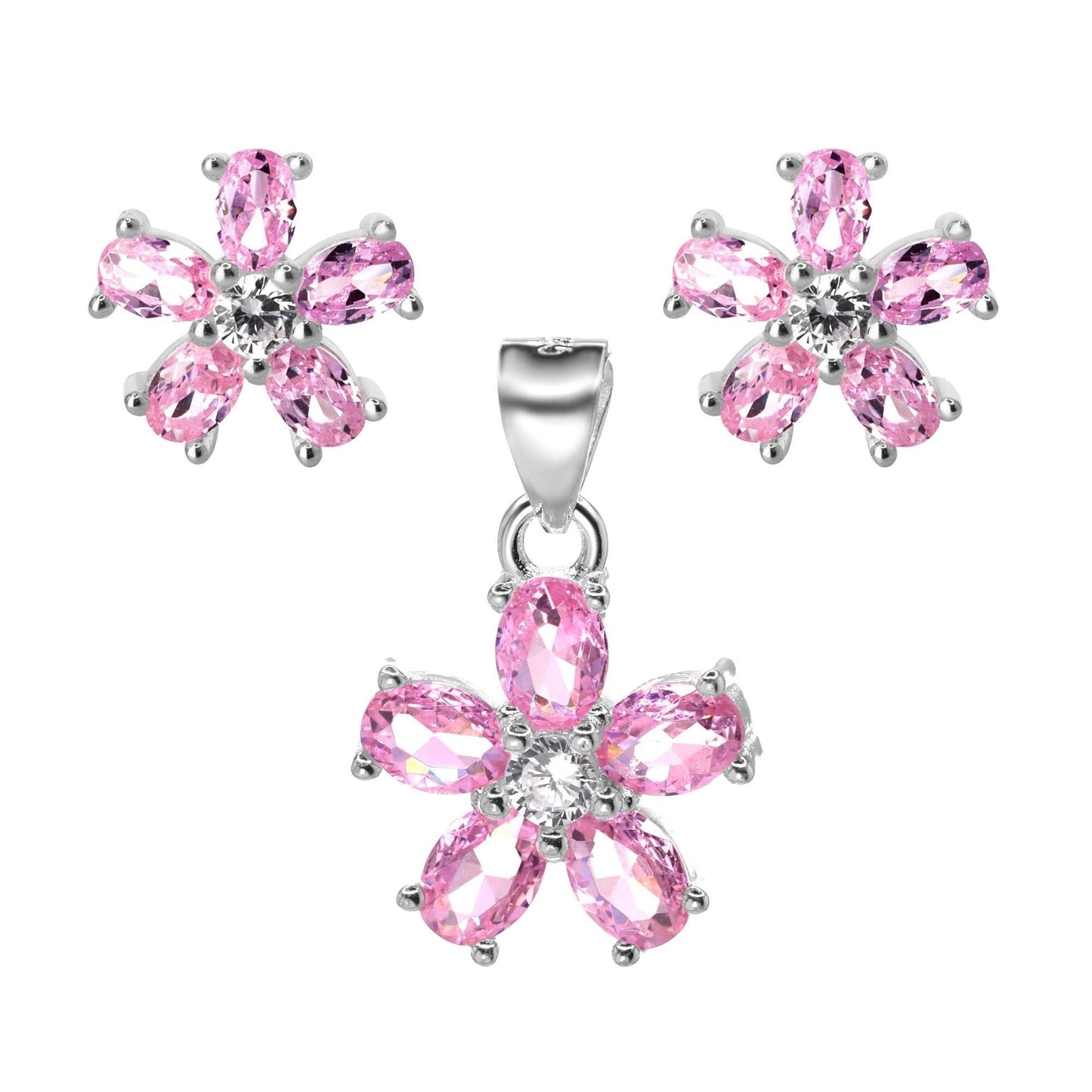 Conjunto de Plata 925 Diseño Flor de Circones Rosa con Botón Circón Tradicional