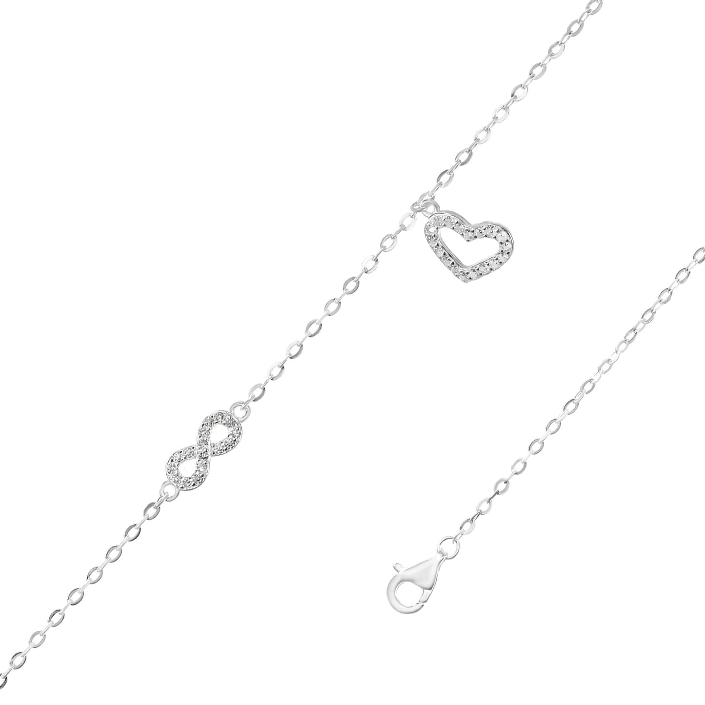 Pulsera de Plata 925 Infinito y Corazón Colgante