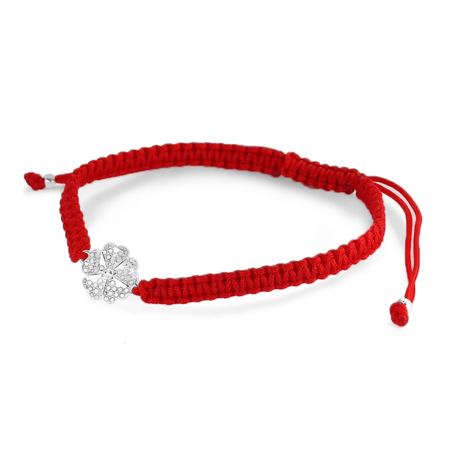Pulsera de Plata 925 Macramé Rojo Trébol de Corazones Texturado 1 cm