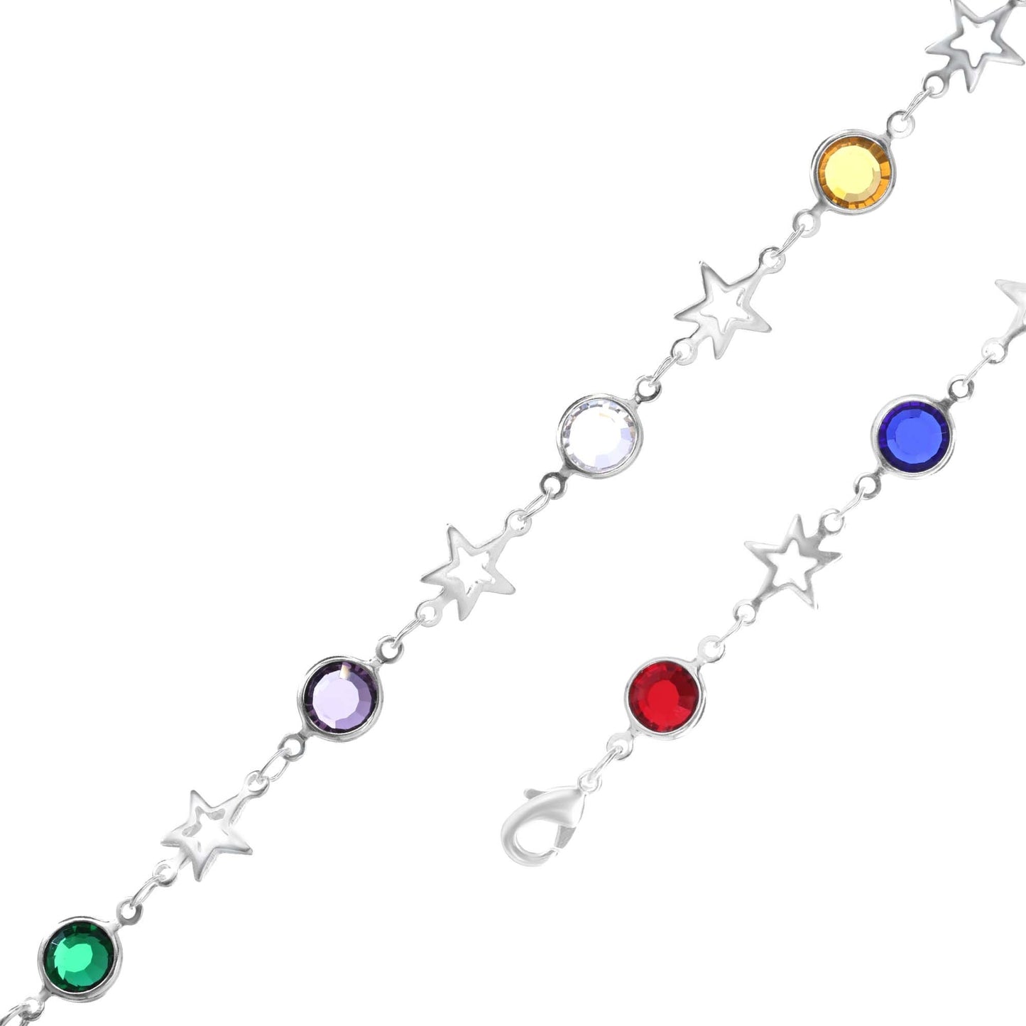 Pulsera Enchapado en Plata Diseño Estrellas Caladas con Círculos de Cristales de Colores
