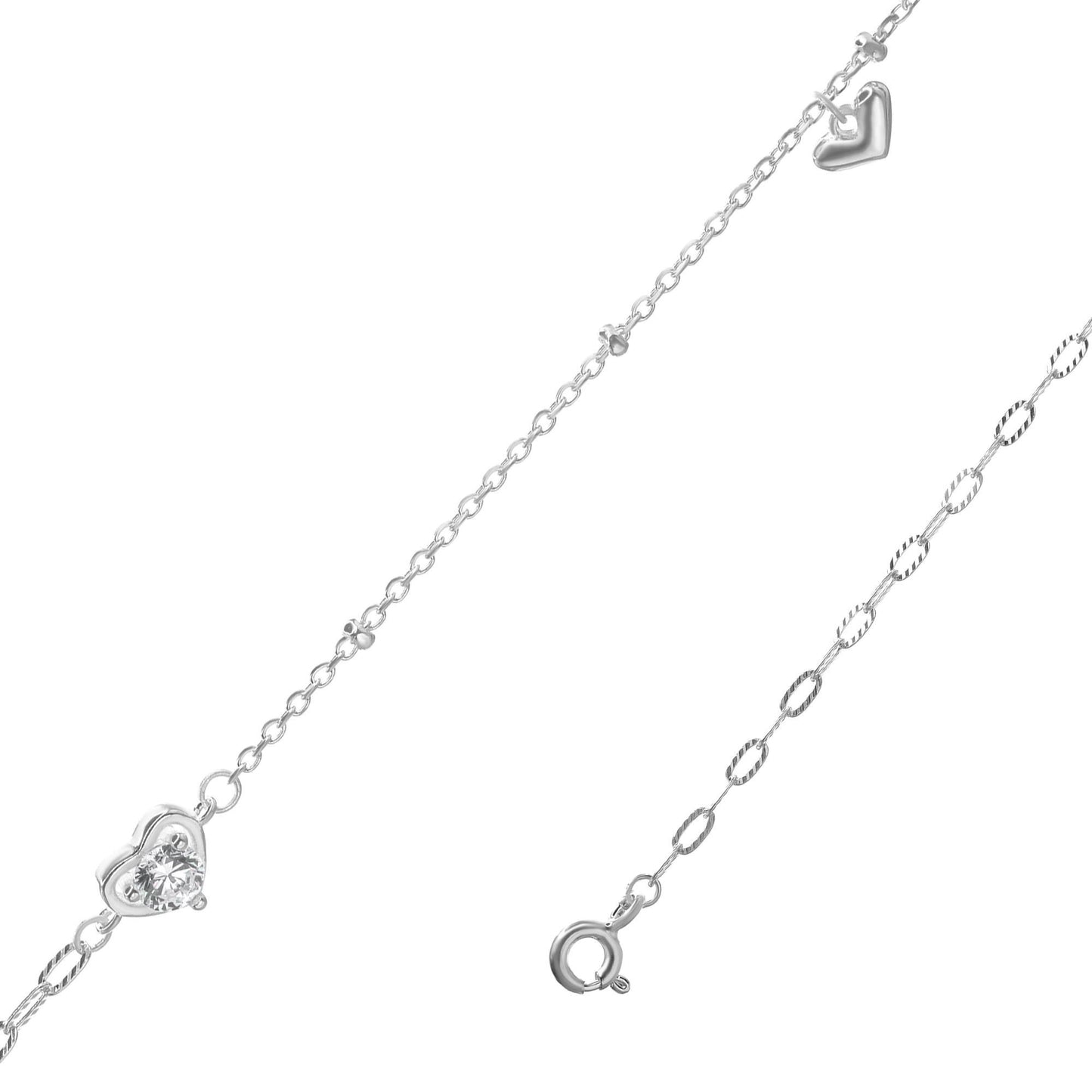 Tobillera de Plata 925 Doble Diseño Cadena con Corazón Circón