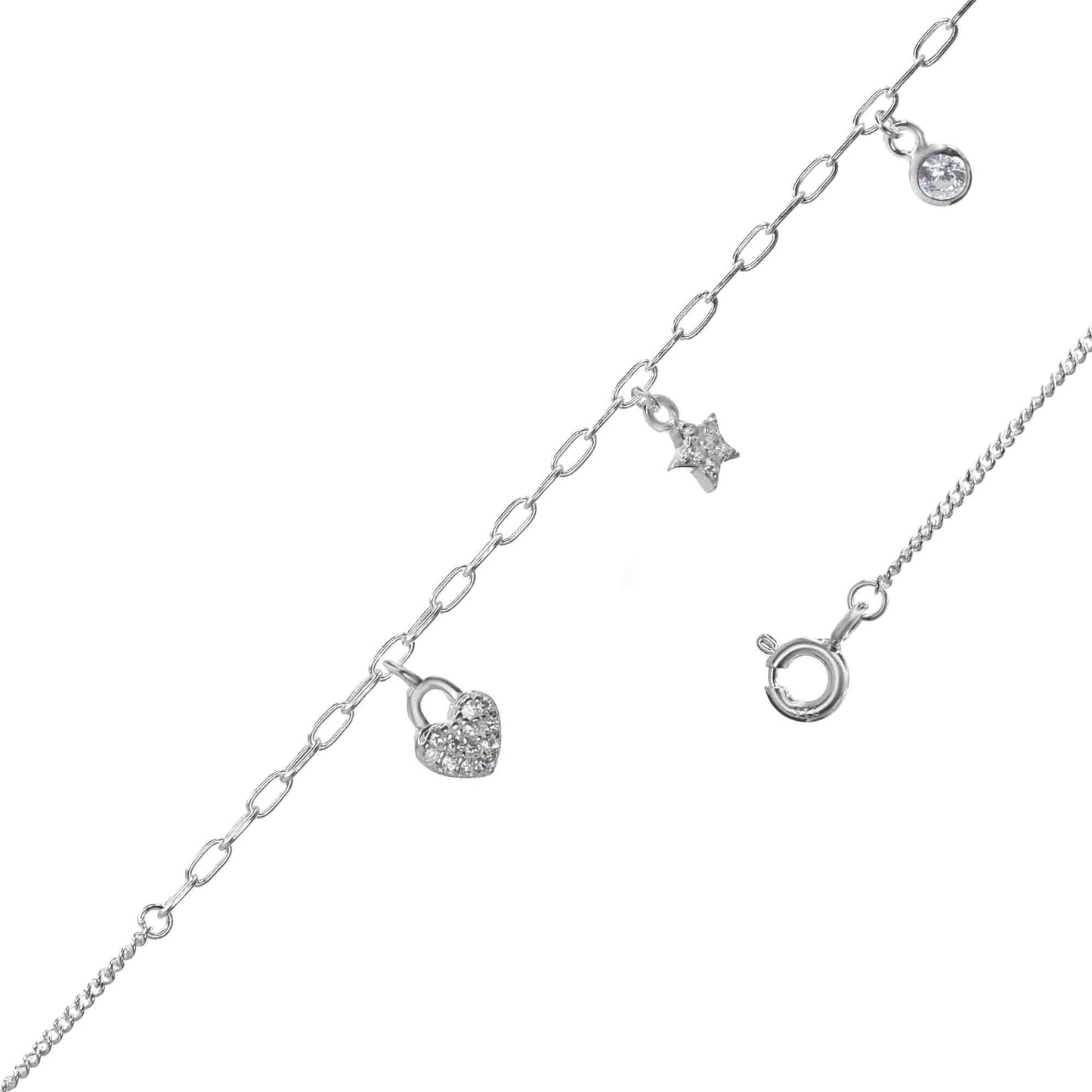 Tobillera de Plata 925 Estrella y Corazón con Circones