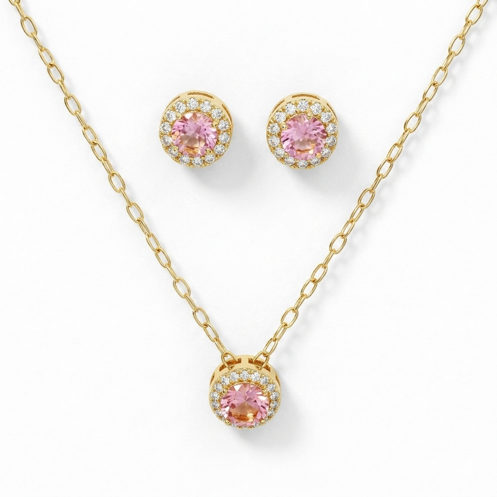 Conjunto enchapado en oro tambor rosa y circones tradicionales
