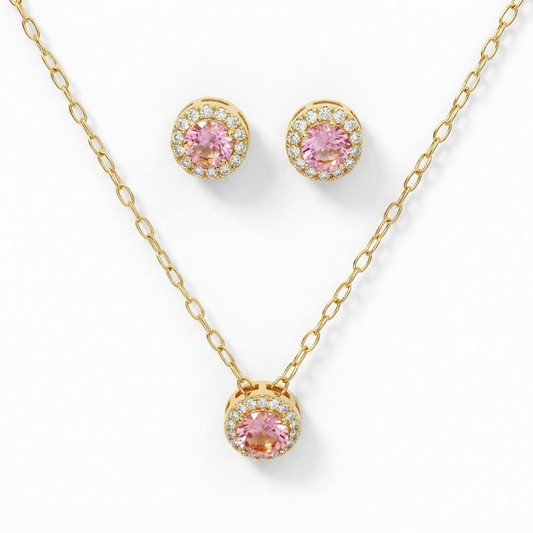 Conjunto enchapado en oro tambor rosa y circones tradicionales