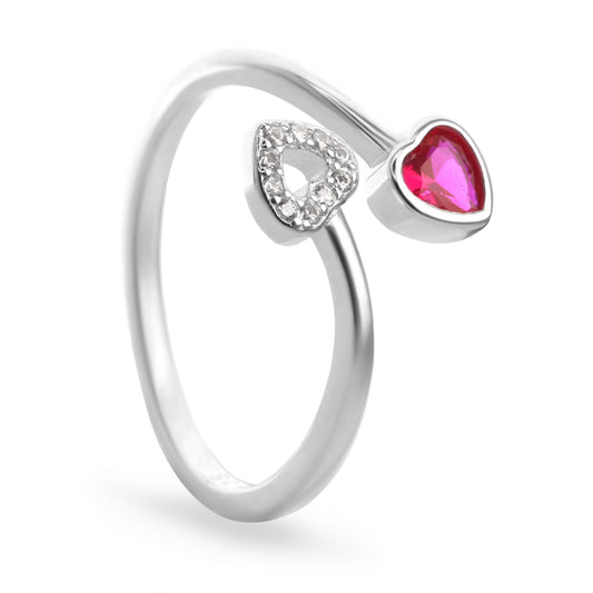 Anillo de Plata 925 Abierto Punta Corazón Circón Magenta y Circones