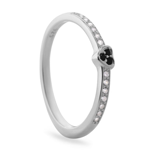 Anillo de Plata 925 Cintillo de Circones y Corazón de Circones Negros