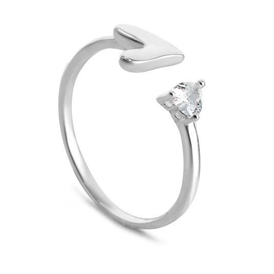 Anillo de Plata 925 Diseño Abierto de Corazón con Circón y Liso