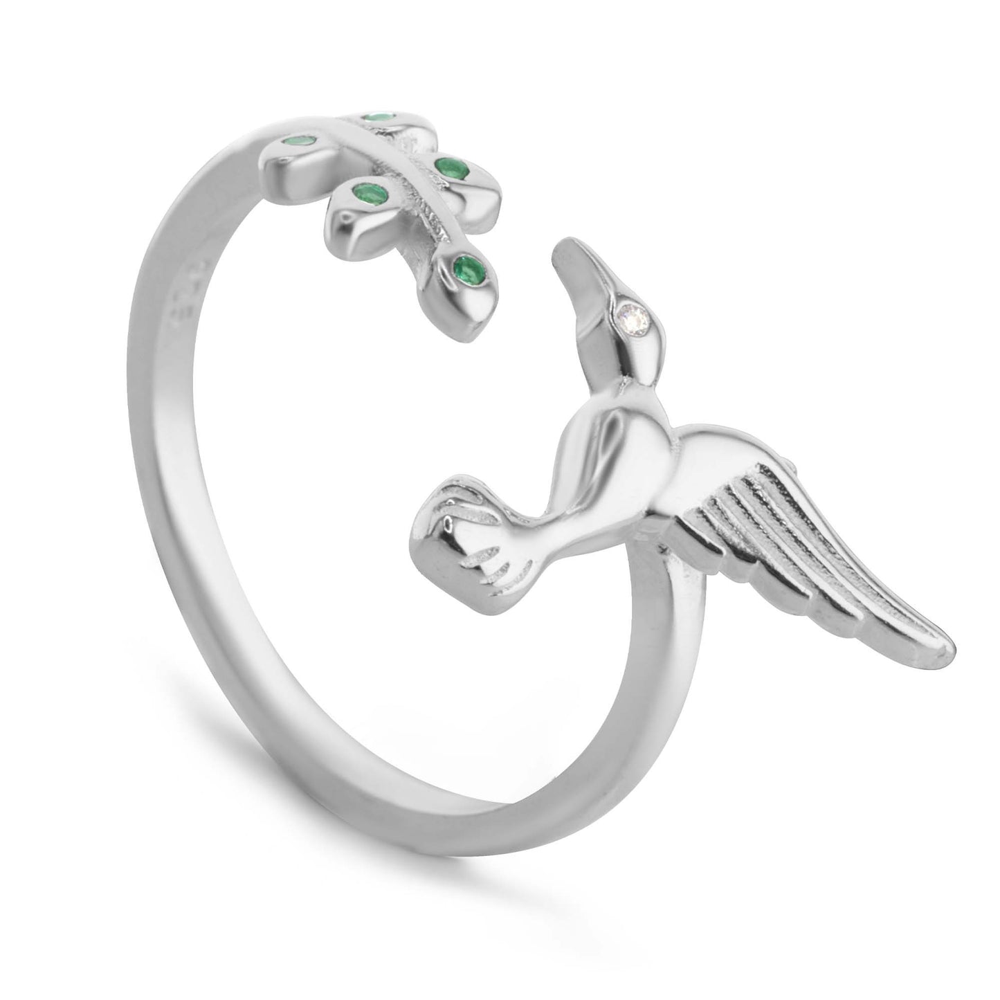 Anillo de Plata 925 Diseño Colibrí y Rama con Hojas de Circones Verdes