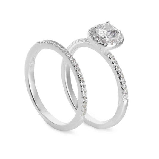 Anillo de Plata 925 Diseño Doble con Gran Circón y Serie de circones