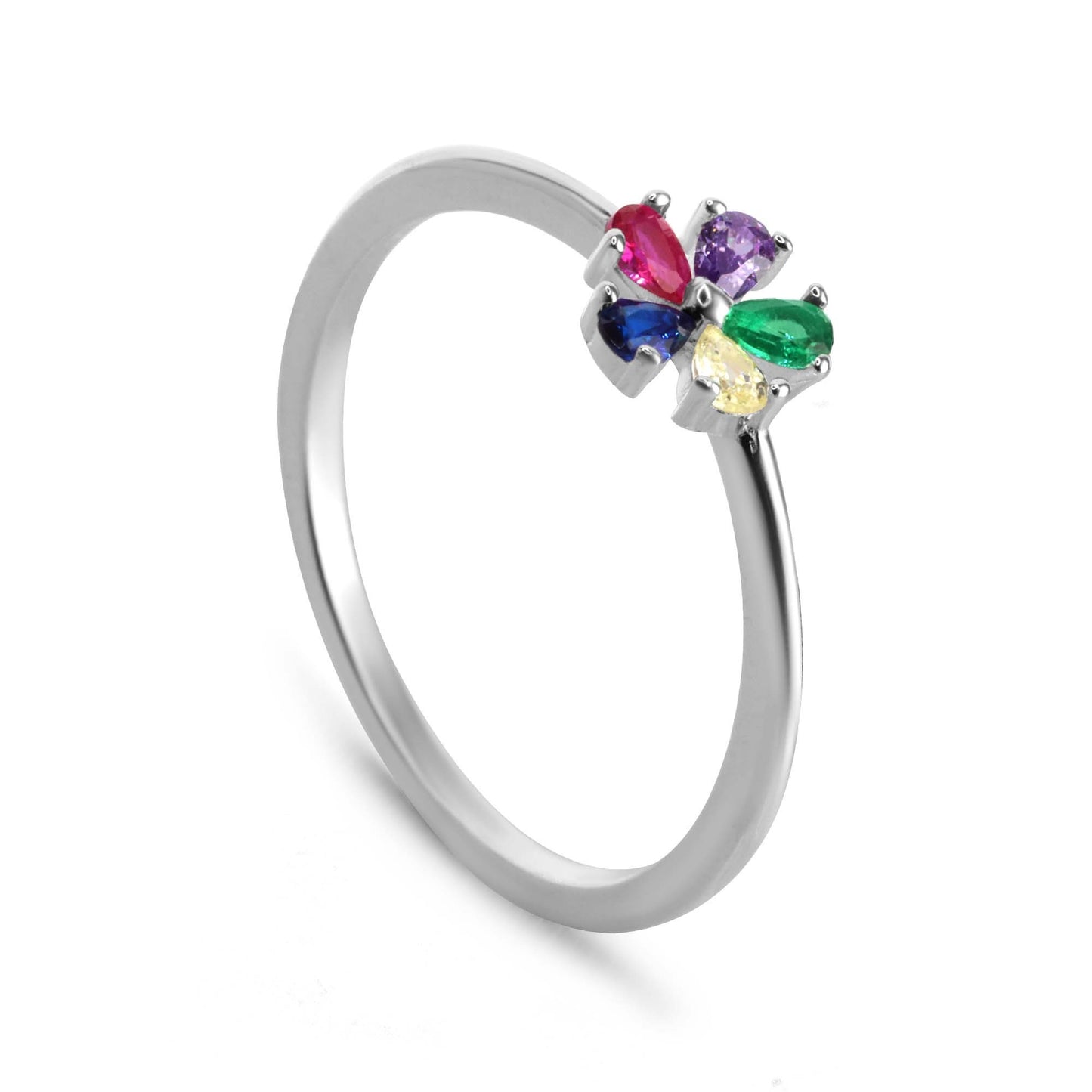 Anillo de Plata 925 Diseño Flor con Circones de Colores