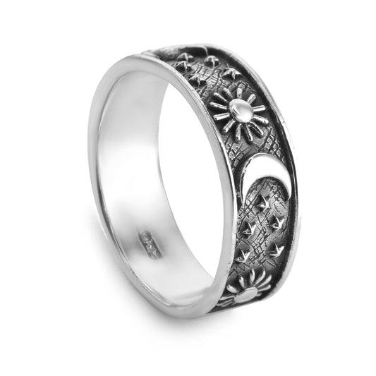 Anillo de Plata 925 Diseño Luna y Sol con Estrellas de Estilo Envejecido