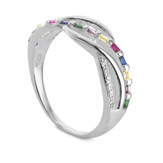 Anillo de Plata 925 Diseño Multibanda con Serie de Colores y Circones