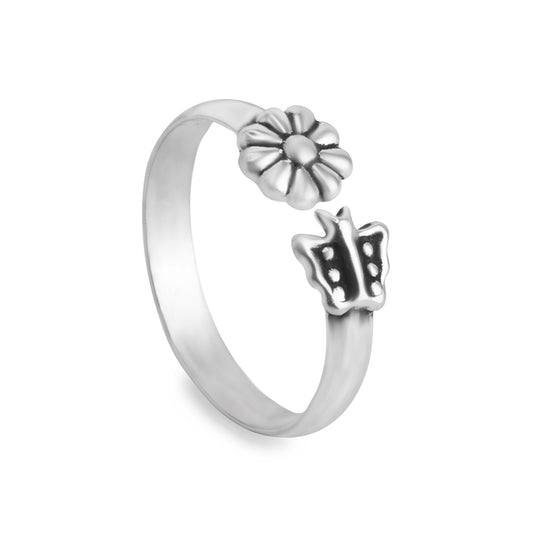 Anillo de Plata 925 Estilo Midi Flor y Mariposa