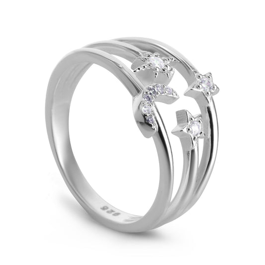 Anillo de Plata 925 Triple Banda Lisa con Trío de Estrellas y Luna de Circones