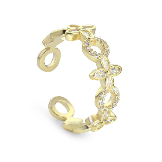 Anillo Enchapado en Oro Abierto Flores y Círculos con Circones