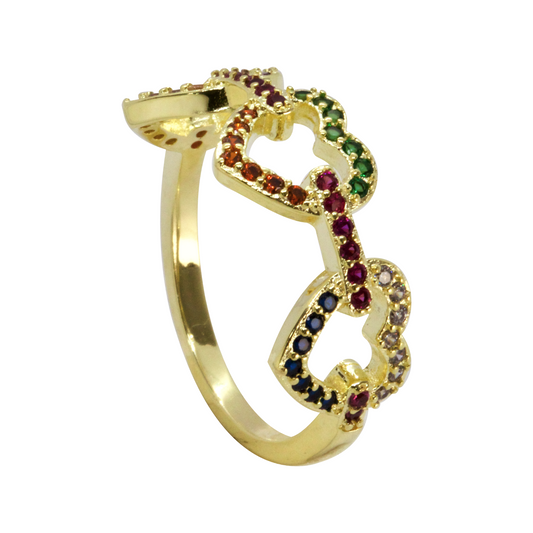 Anillo Enchapado en Oro Corazones con Circones de Colores