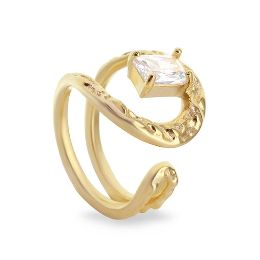 Anillo Enchapado en Oro Diseño Abierto con Circón Rectangular y Relieves