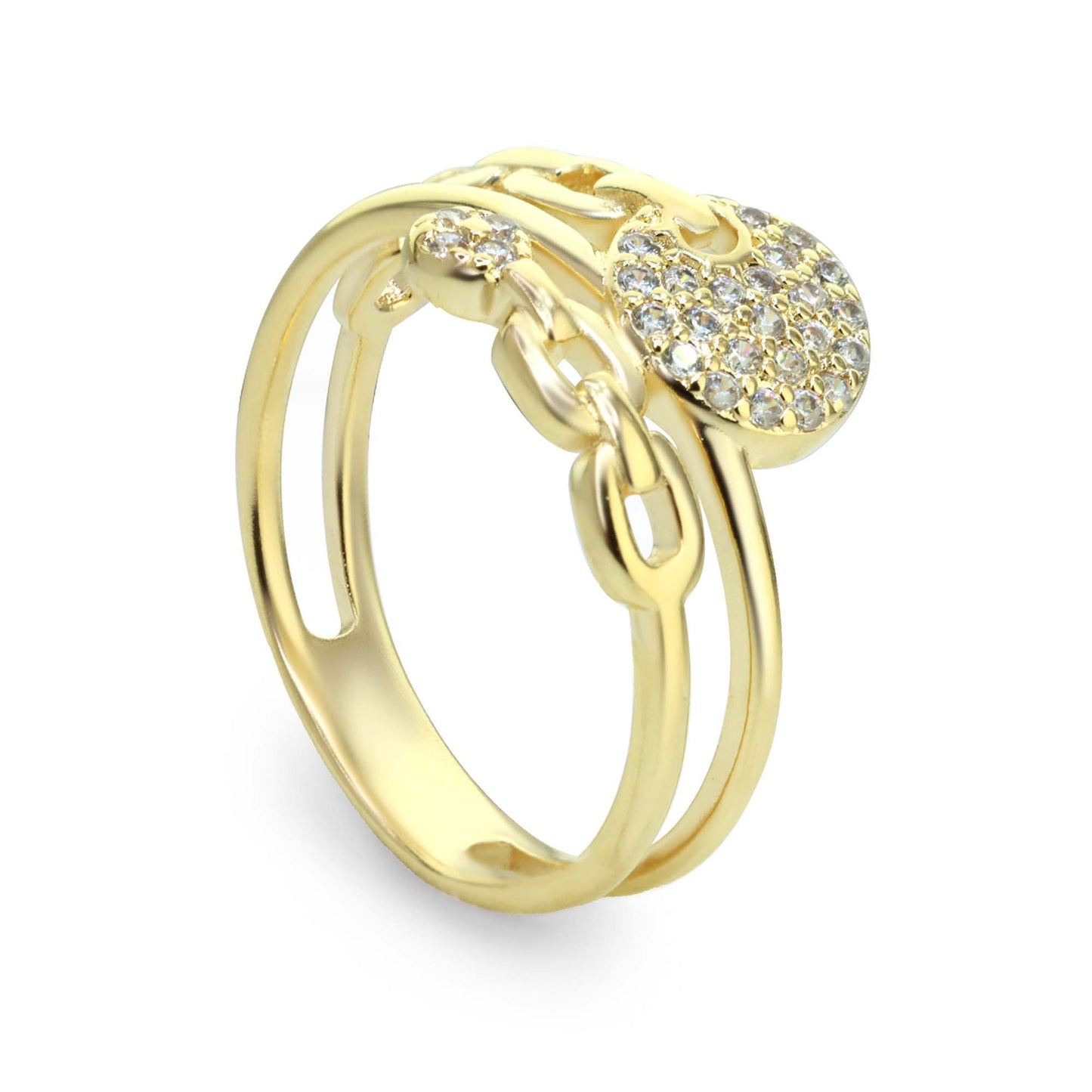 Anillo Enchapado en Oro Diseño Cadena Doble y Circulo de Circones