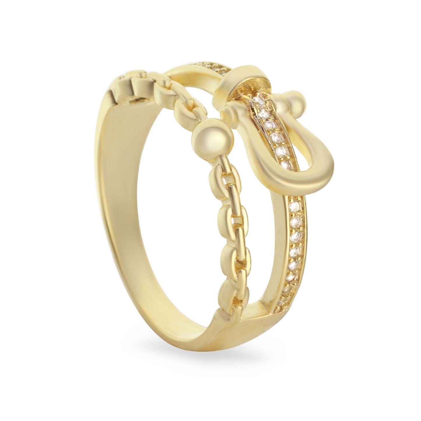 Anillo Enchapado en Oro Estilo Cinturón con Circones y Cadena con Esfera
