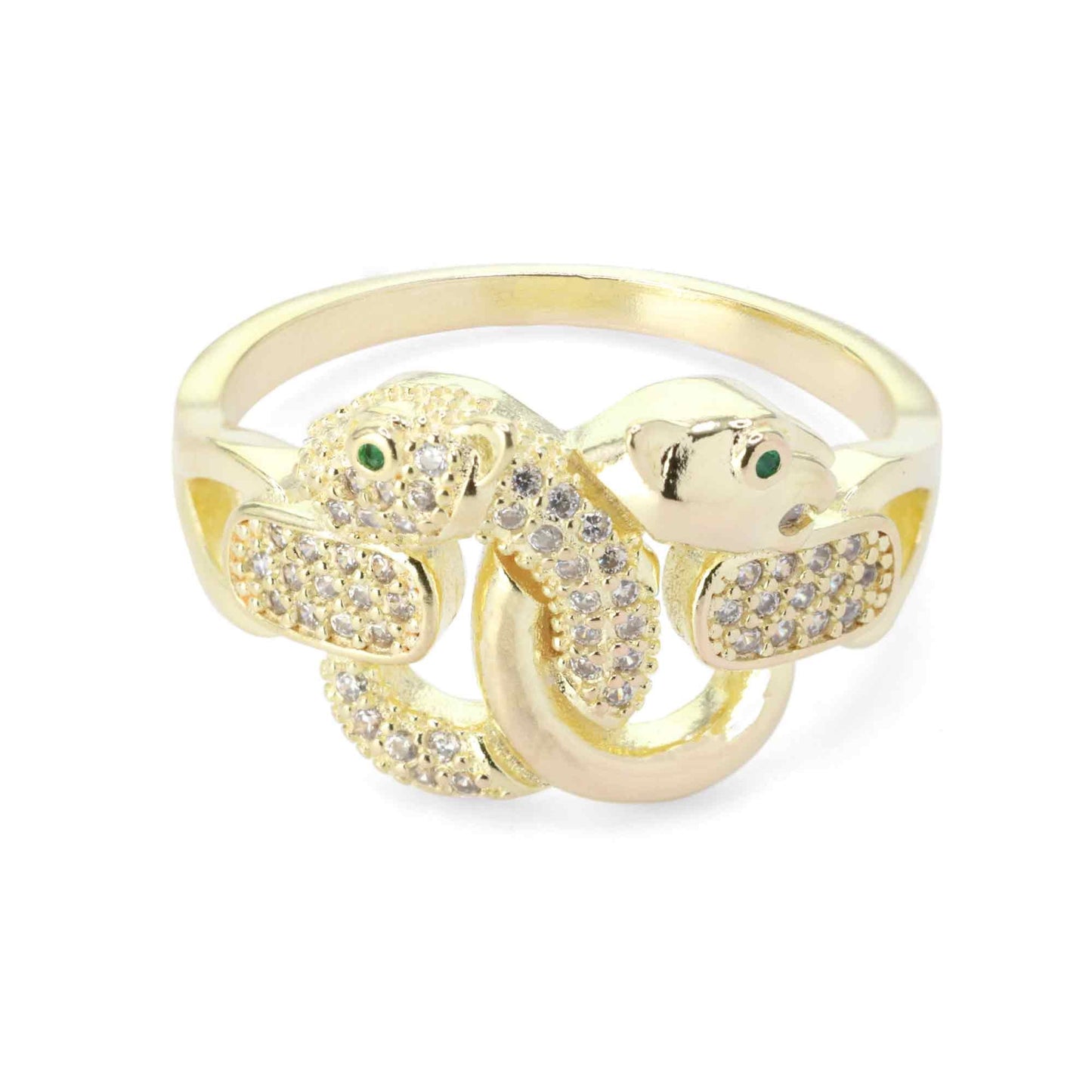 Anillo Enchapado en Oro Serpientes Cruzadas con Circones