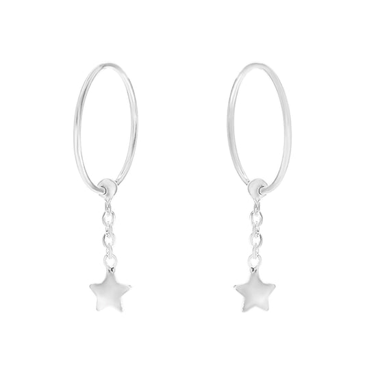 Aros de Plata 925 Argolla con Cadena y Estrella Colgante