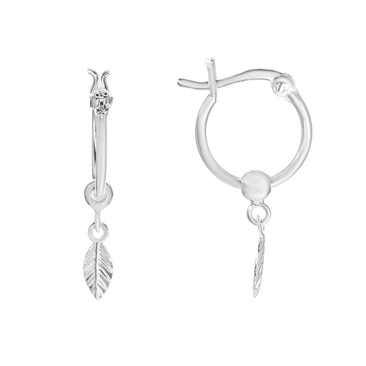 Aros de Plata 925 Argolla Lisa con Colgante de Hoja