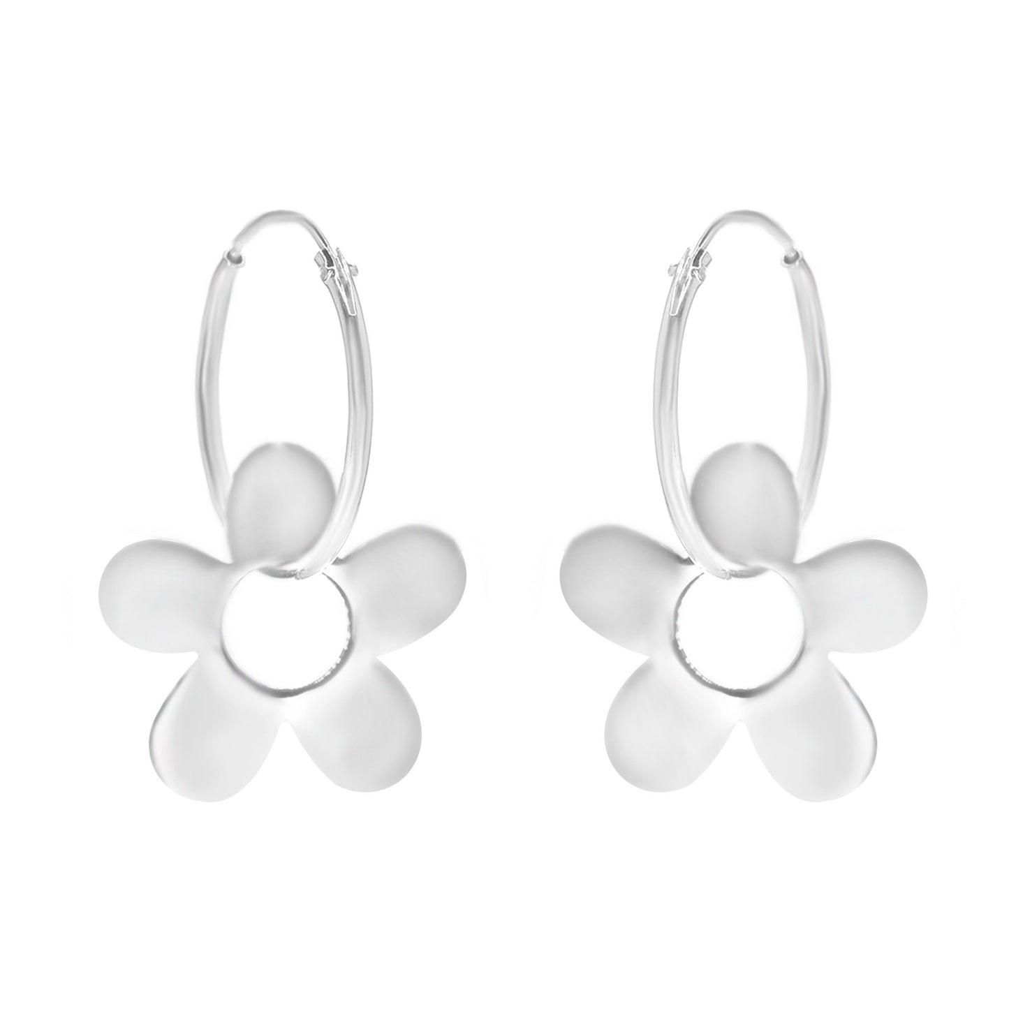 Aros de Plata 925 Argolla Lisa con Flor de Pétalos