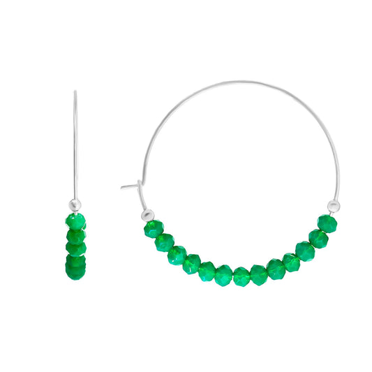 Aros de Plata 925 Argollas Lisas con Cristales Verdes
