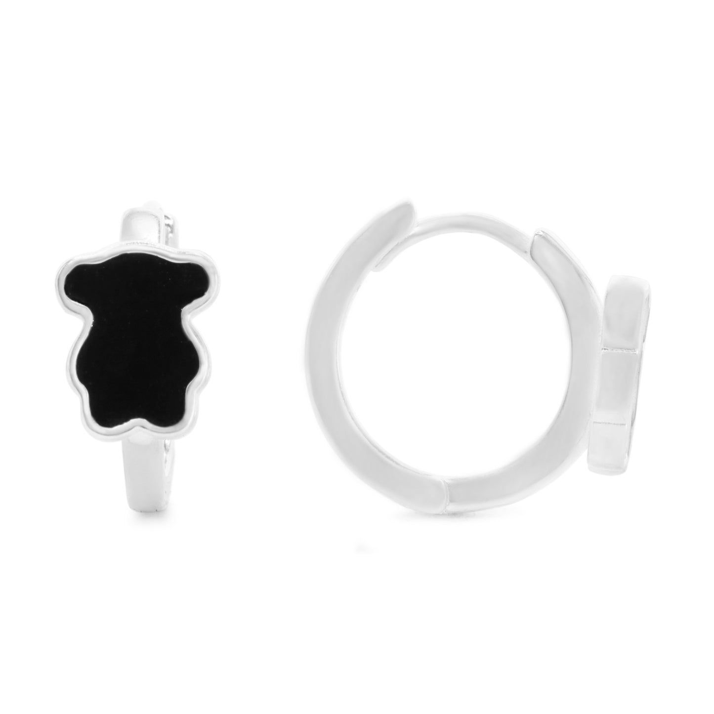 Aros de Plata 925 Diseño Argolla con Oso con Esmaltado Negro