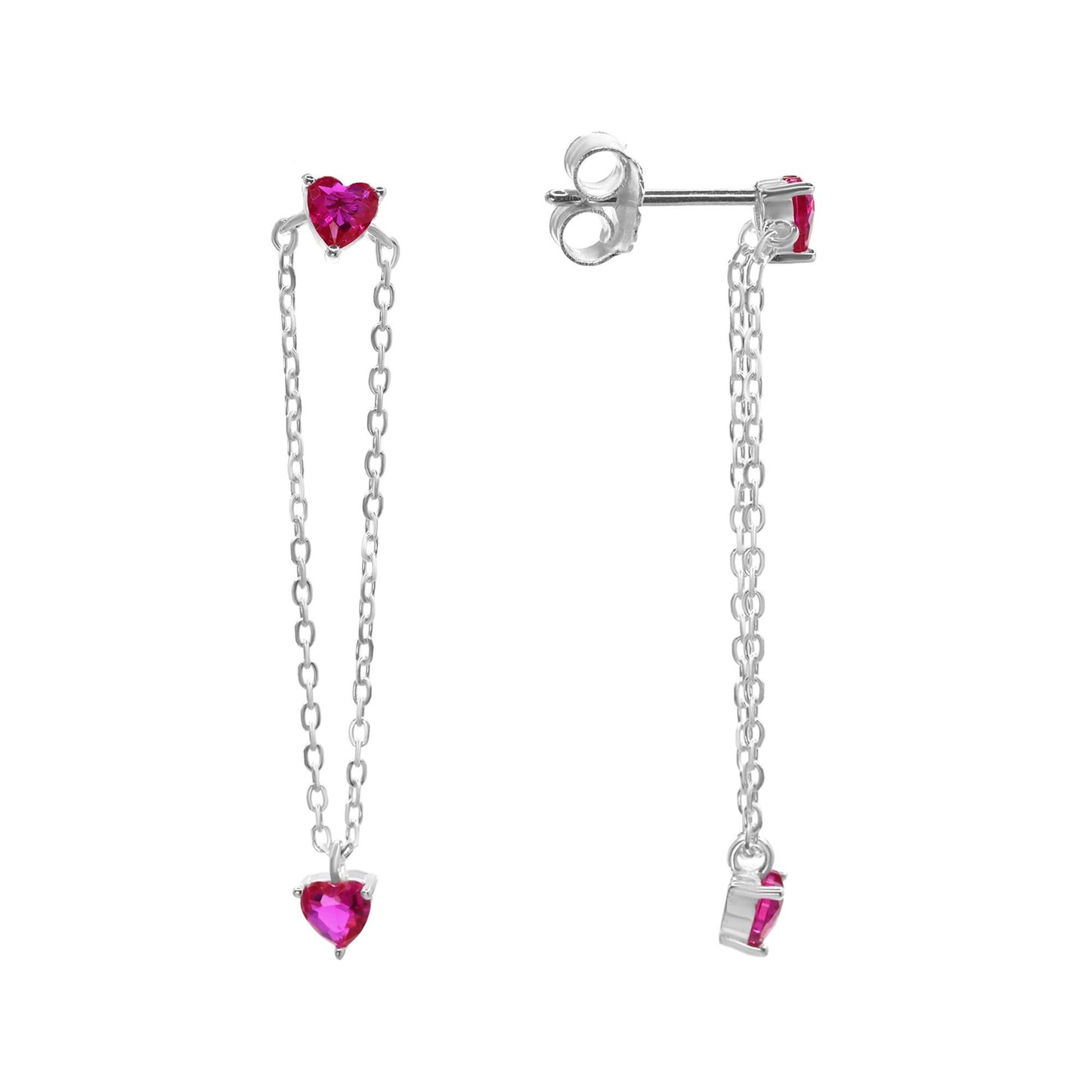 Aros de Plata 925 Diseño Cadena con Corazones de Circón Magenta