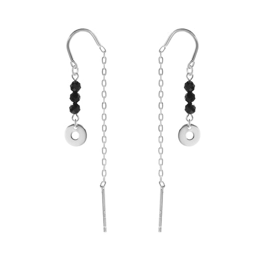 Aros de Plata 925 Diseño Cadena con Cristales Negros y Placa Circular