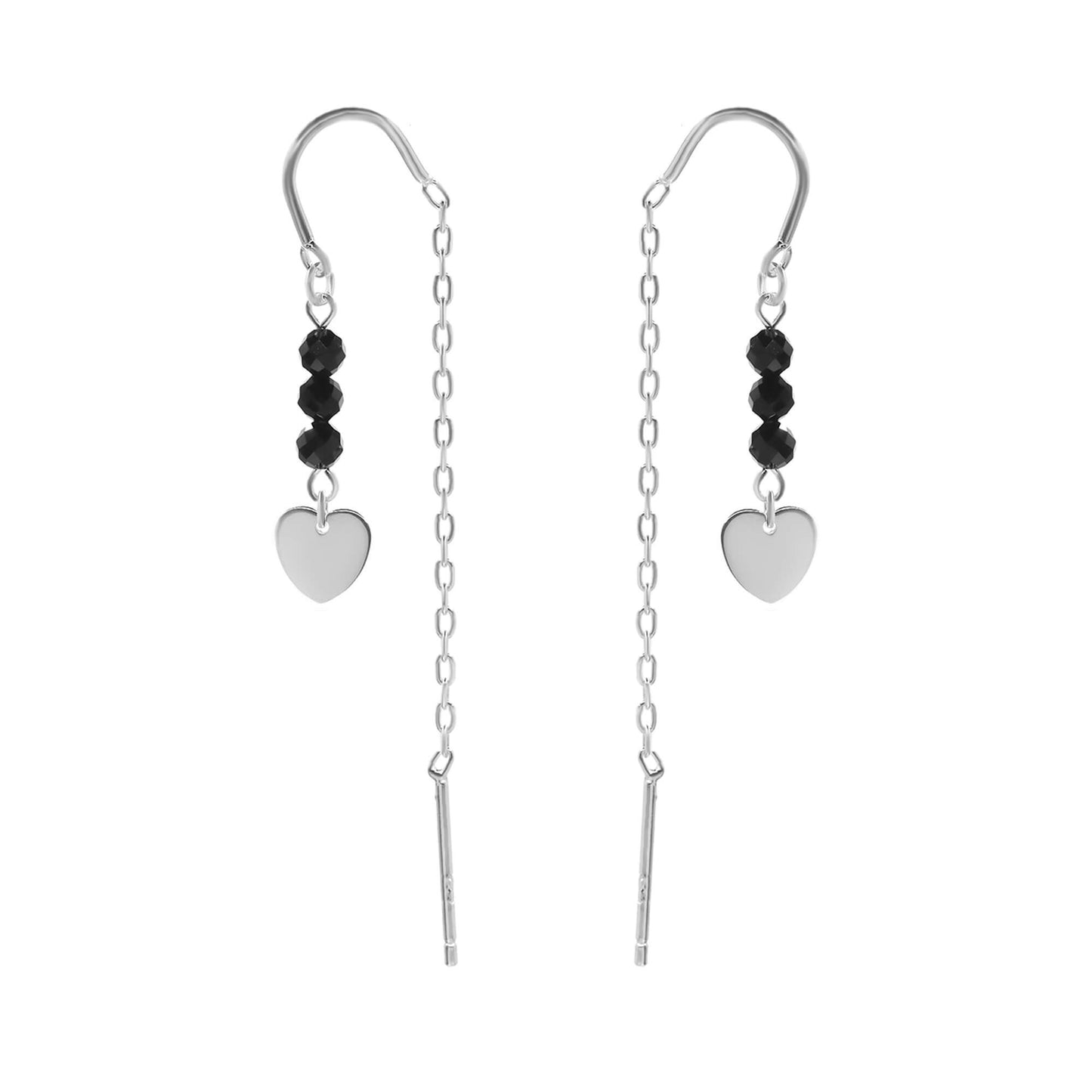 Aros de Plata 925 Diseño Cadena Trío de Cristales Negros con Placa Corazón