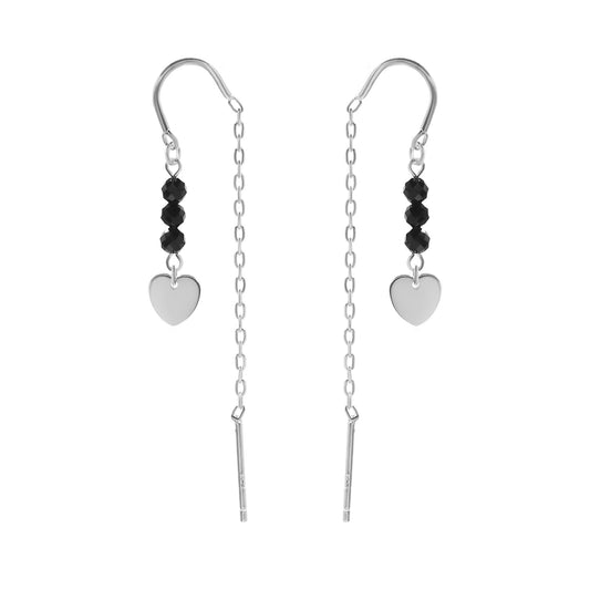 Aros de Plata 925 Diseño Cadena Trío de Cristales Negros con Placa Corazón