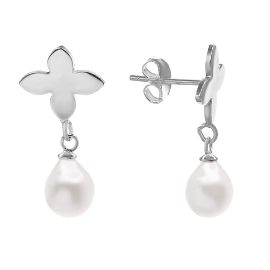 Aros de Plata 925 Diseño Flor Lisa con Perla Imitación Colgante