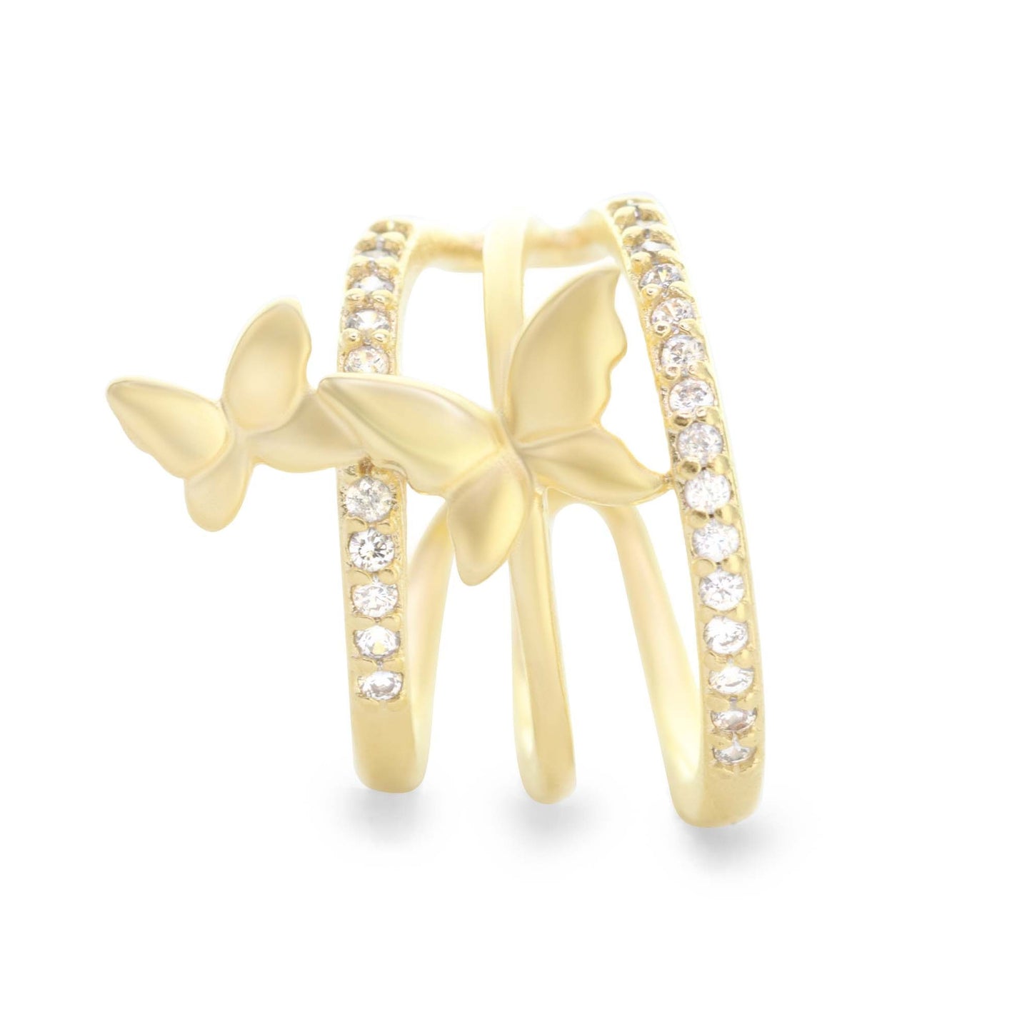 Aros Enchapado en Oro Cuff Triple Banda Calada con Mariposas y Circones