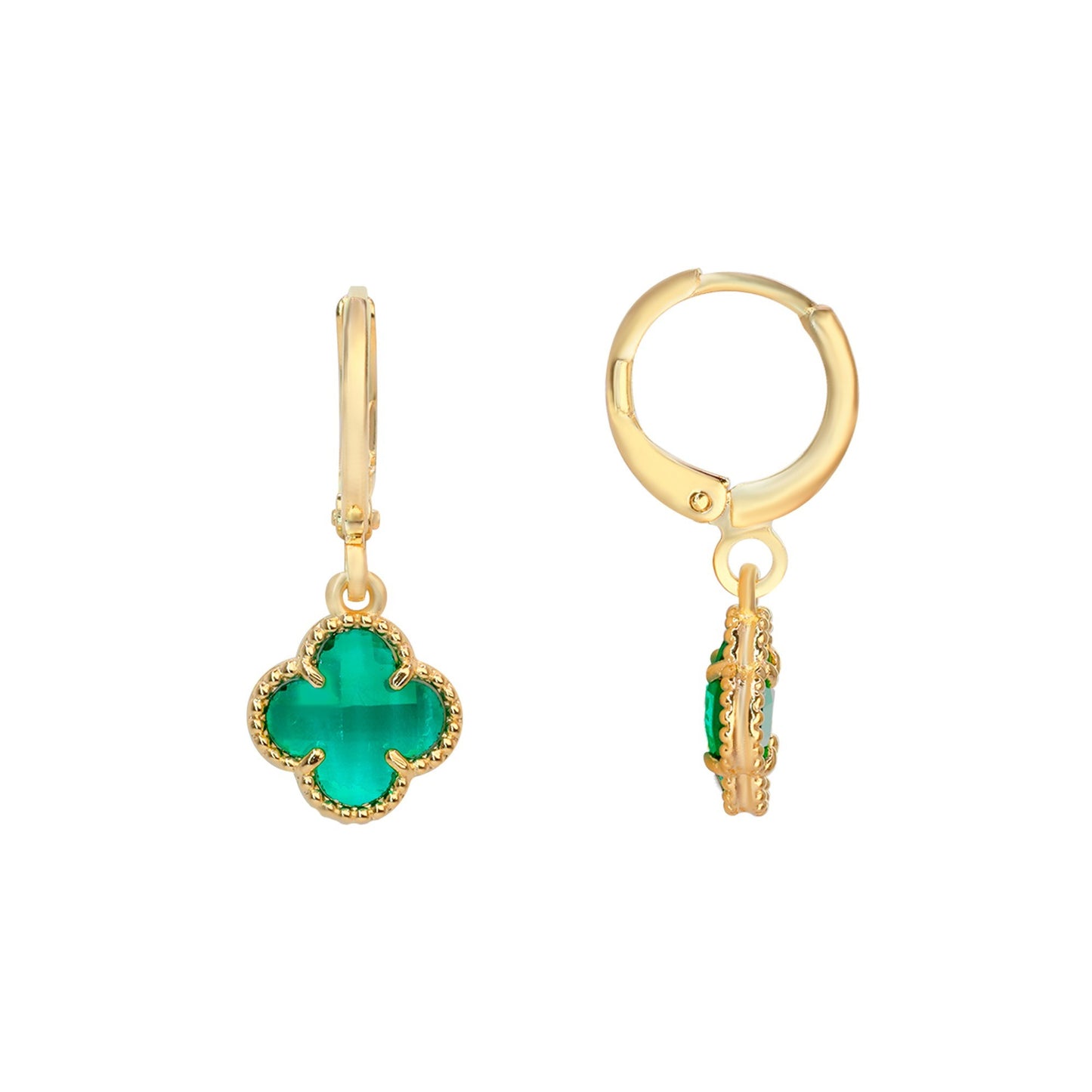 Aros Enchapado en Oro Diseño Argolla con Colgante Trébol Color Verde