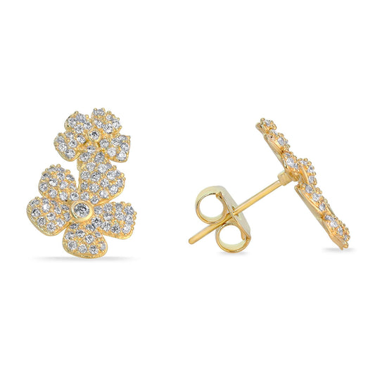 Aros Enchapado en Oro Diseño Doble de Flor con Circones