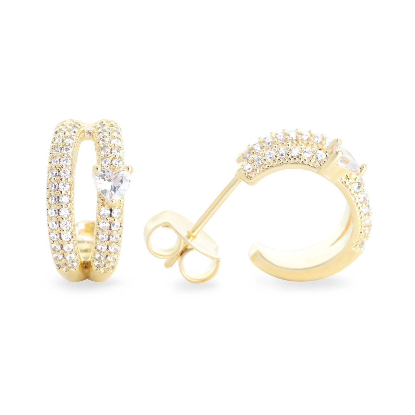 Aros Enchapado en Oro Diseño Semi Argolla Doble Banda de Circones y Circón Corazón