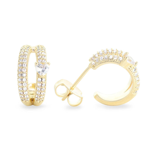 Aros Enchapado en Oro Diseño Semi Argolla Doble Banda de Circones y Circón Corazón